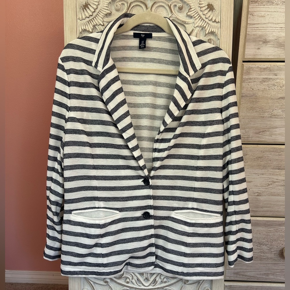 Gap navy & white preppy nautical horizontal striped knit blazer with pockets MD